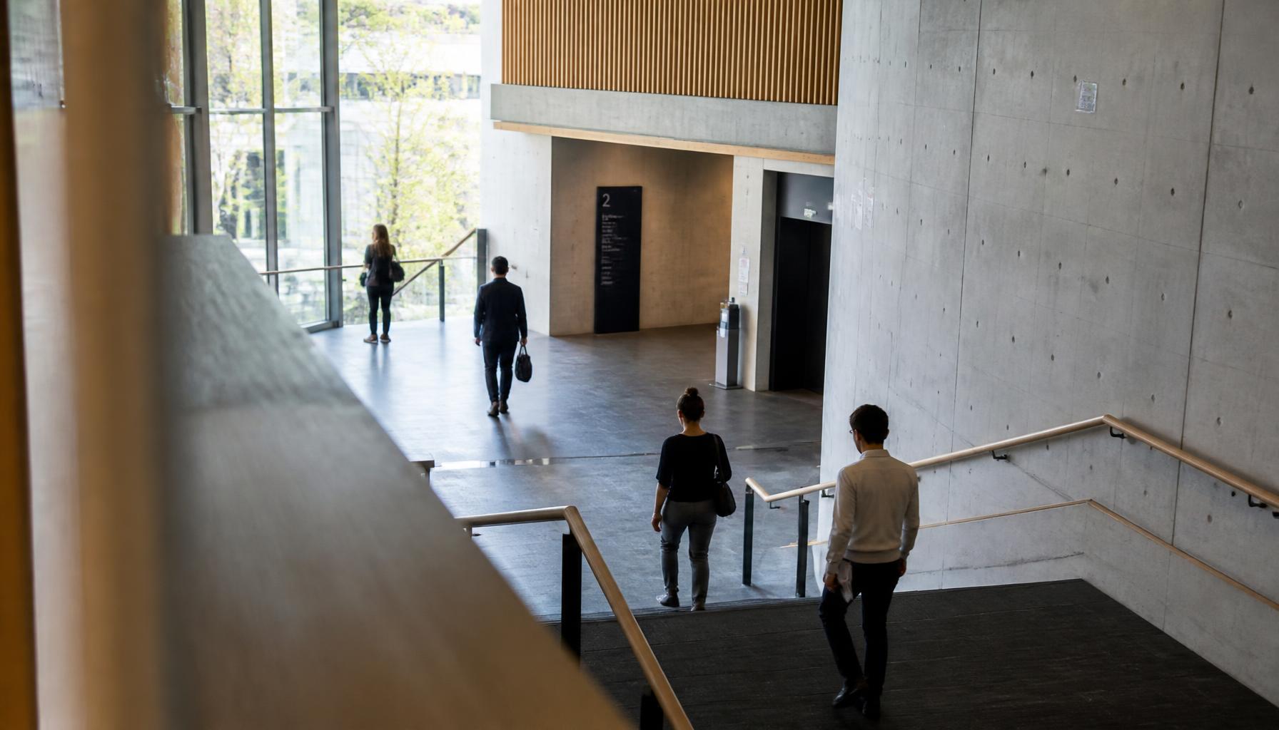 Professionals descending a wide stair inside a concrete and timber institutional building